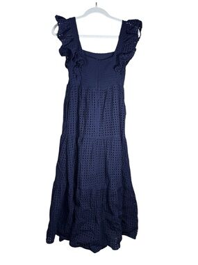 En Saison Tiered Eyelet Ruffle Sleeve Nap Midi Dress Sz XS Navy